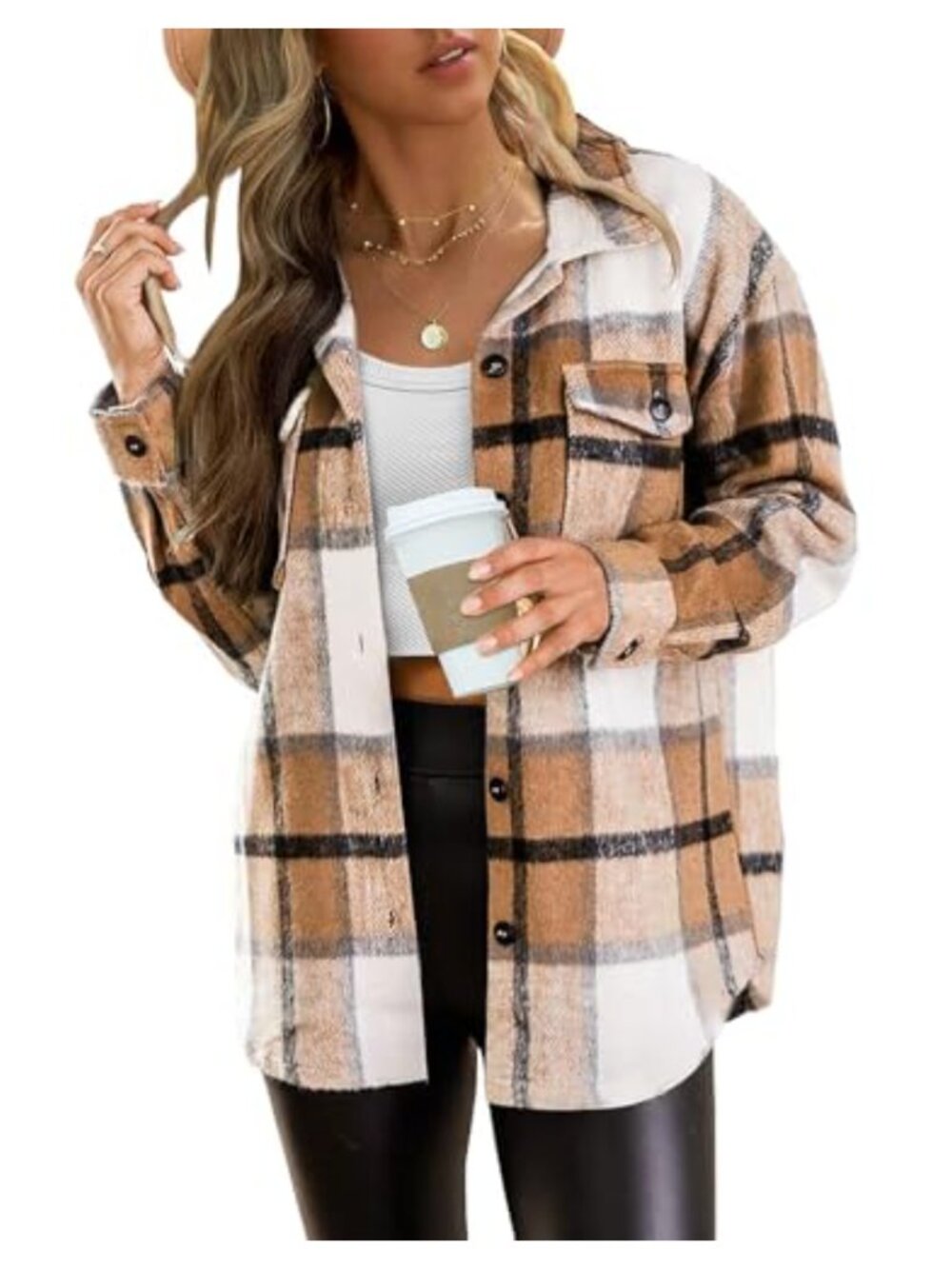 Women's Plaid Flannel Shacket Button Down Loose Fit Shirt